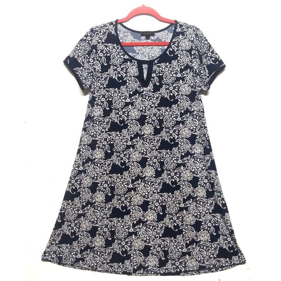 Espresso Dress shift flare textured Navy white floral short sleeve Sz L stretch - Picture 6 of 8